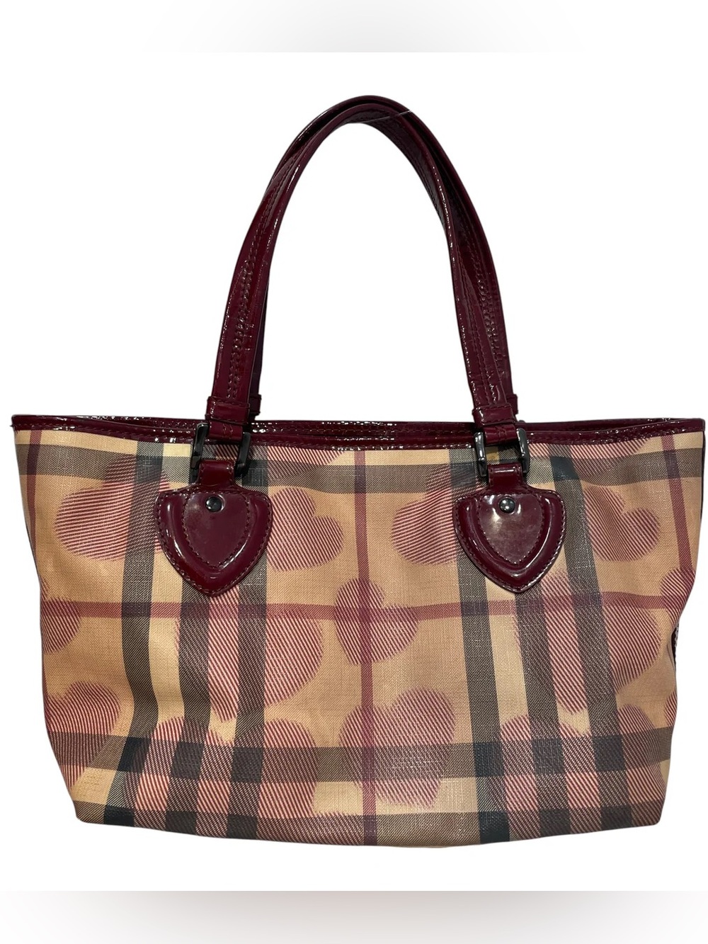 Burberry Beige Plaid Tote with Burgundy Patent Trim